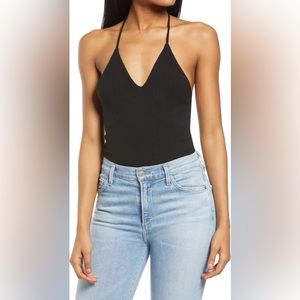 AFRM Hara Ribbed Bodysuit in Black - Plunge Neck T-Back Cami